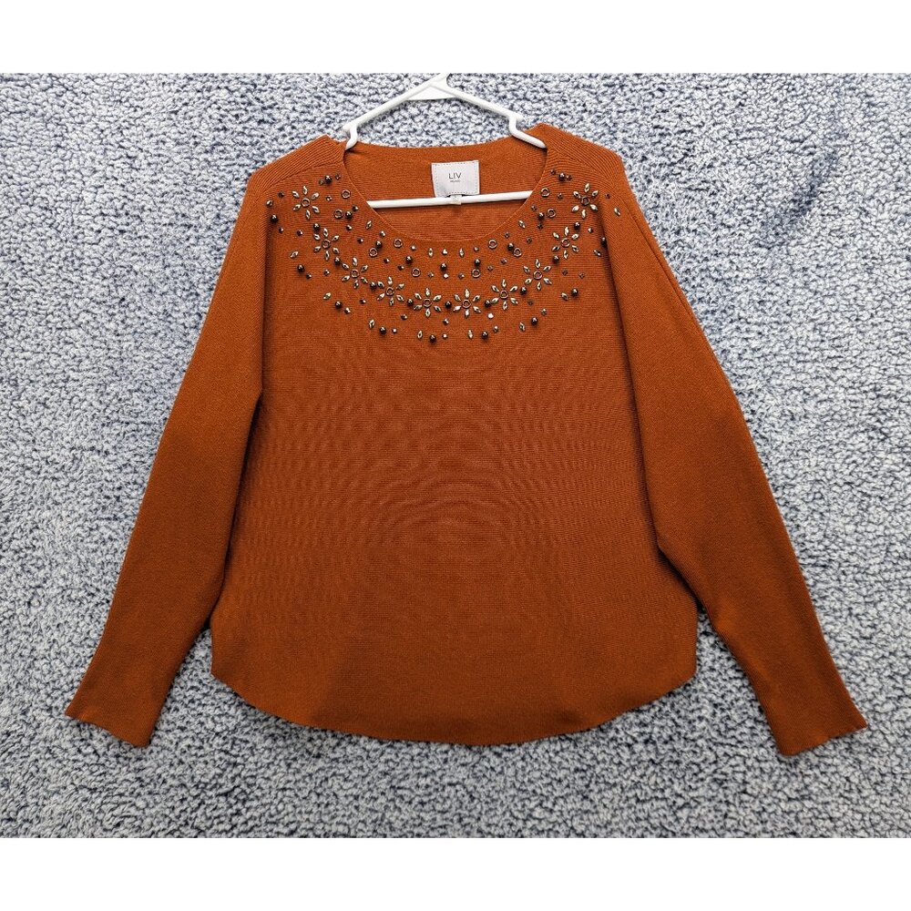 Liv Milano Metallic Floral Rhinestone Sweater Size LG Knit Pullover Boho Orange